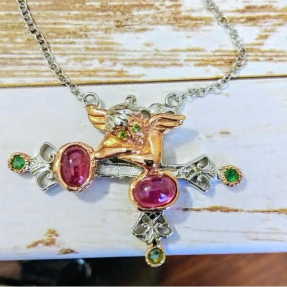 St Valentine Natural Ruby Sterling Silver & Rose Gold Angel Pendent